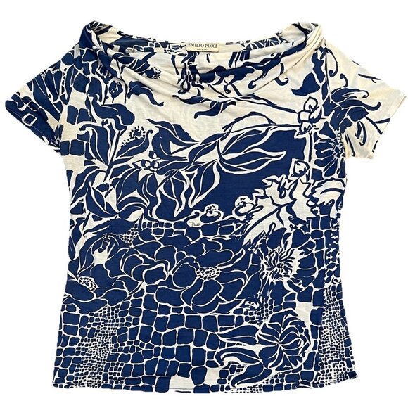 Emilio Pucci Women’s Silk Blend Top Size 10 Blue White Short Sleeves Floral - Picture 1 of 9